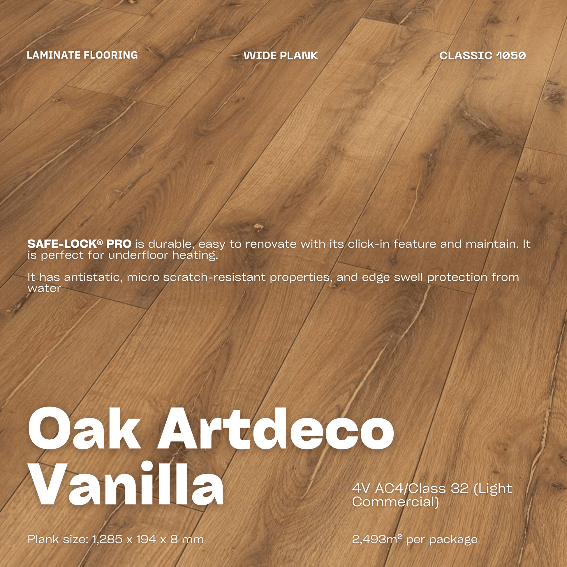 Oak Artdeco Vanilla Wide Laminate Flooring Plank - Classic 1050 4V AC4/Class 32 (Light Commercial)