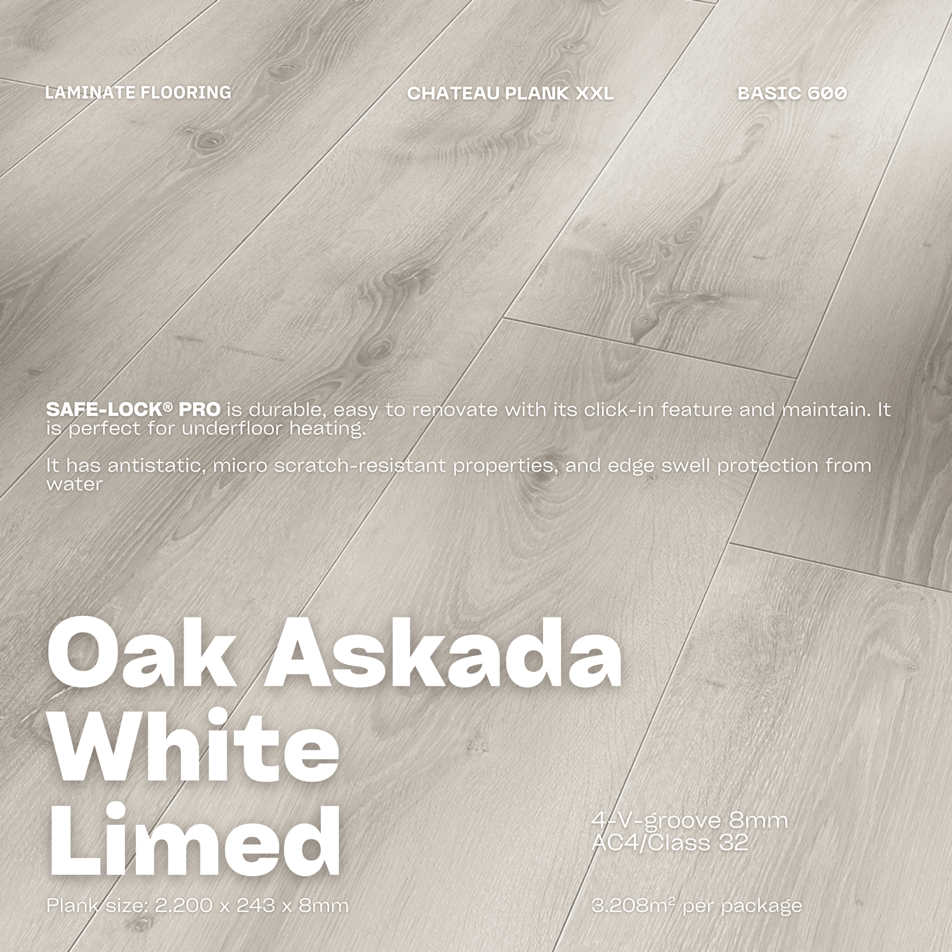 Oak Askada White Limed Laminate Flooring Plank  Cape Town South Africa - Basic 600 4V 8mm AC4/Class 32 Chateau Plank XXL