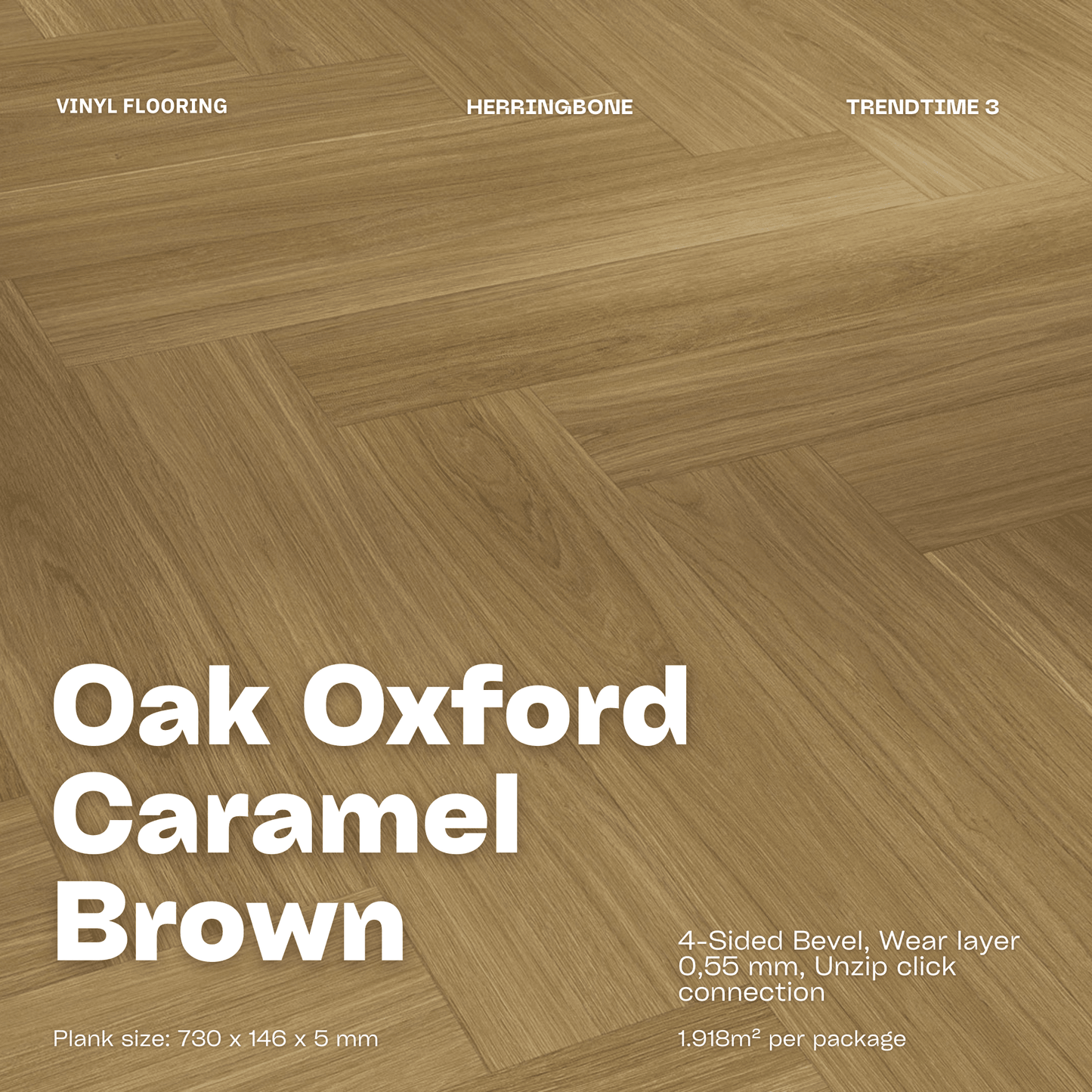 Oak Oxford Caramel Brown Countryside Trendtime 3 Vinyl Herringbone Matt-Finish Texture